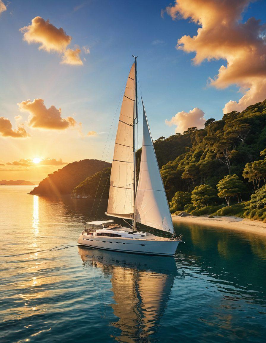 A serene scene of an elegant yacht sailing on calm blue waters, surrounded by lush green coastal landscapes, with a sunset casting warm golden hues across the sky. Overlayed icons representing various coverage options like insurance, safety gear, and navigation tools. The atmosphere should evoke a sense of adventure and protection at sea. super-realistic. vibrant colors. 3D.