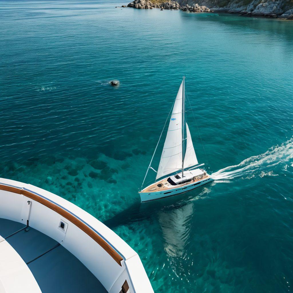 A serene yacht gracefully sailing across a calm turquoise sea, with soft sunlight reflecting on the water. In the background, a picturesque coastline complements the peaceful scene, symbolizing tranquility. Include subtle icons of insurance documents and a life preserver floating gently nearby, representing safety and coverage. Overall atmosphere should evoke feelings of peace and security. super-realistic. vibrant colors. clear blue sky.