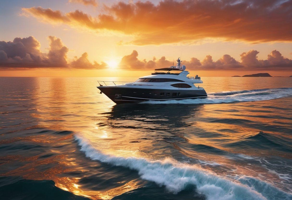 A luxurious yacht sailing through crystal clear waters, surrounded by protective gear such as life jackets and emergency flares. In the background, a calm sunset casts a golden hue over the horizon, symbolizing safety and security. The scene includes a faint outline of a coastline, representing the importance of navigation and risk management. Elements of liability insurance, like floating papers with policy symbols, subtly integrated into the waves. vibrant colors. super-realistic.